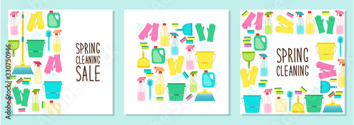 Cute set of spring cleaning utensils background in vivid eye catching colors