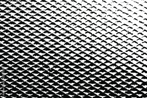 Grunge halftone surface texture with rhombus cells. Monochrome dark background of the waffle pattern. Overlay template. Vector illustration