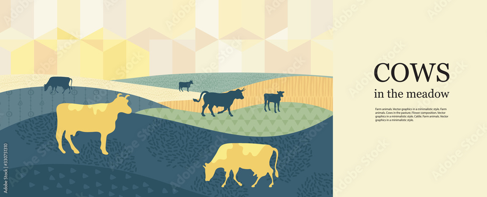 Horizontal agricultural background. Sunset. Silhouettes of cows.