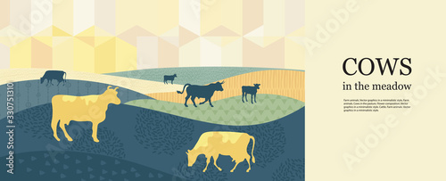 Horizontal agricultural background. Sunset. Silhouettes of cows.
