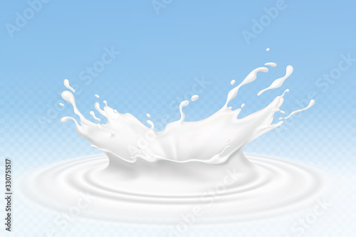 Vector realistic milk or yogurt splashes, flowing cream, abstract white blots, milk isolated on blue background. Design of natural, organic dairy products. Eps 10