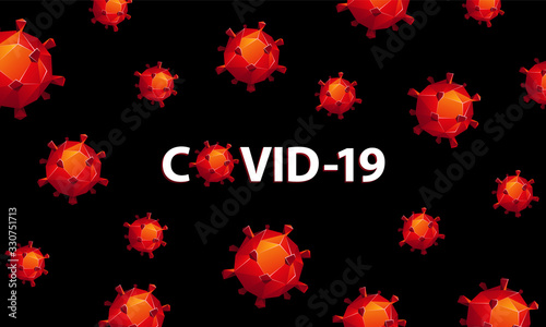 Red polygonal coronavirus cells pattern on black background. Covid-19 text banner and low poly coronavirus particles around.