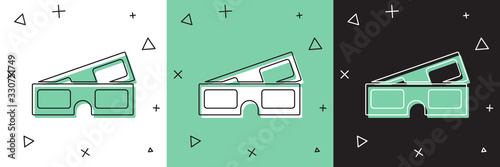 Set 3D cinema glasses icon isolated on white and green, black background. Vector Illustration