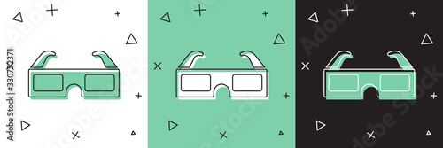 Set 3D cinema glasses icon isolated on white and green, black background. Vec...
