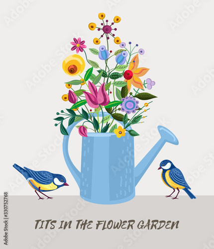 Blooming arrangement with fancy flowers and two blue tits.