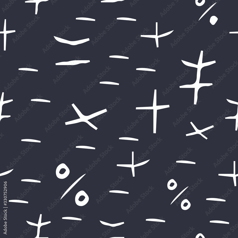 Mathematics geometric seamless pattern. Background from minus, plus, equal, not equal, division, multiplication, percent Mathematics geometric seamless pattern. Background from minus, plus, equal, not equal, division, multiplication, percent