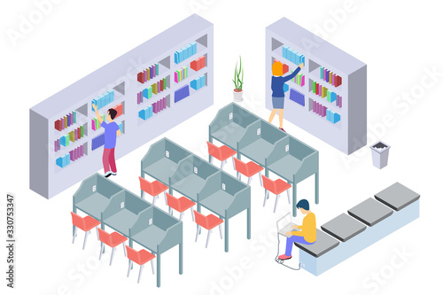 People put book in library, library illustration scene with character. Furniture Isometric vector.