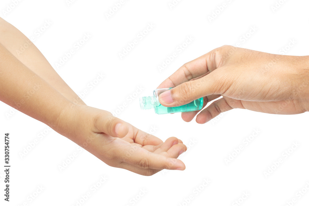 Man using squeezing hand sanitizer to palm kid. Sanitizing hands to protect from getting flu. Antibacterial antiseptic on white background. Man using squeezing hand sanitizer to palm kid. Sanitizing hands to protect from getting flu. Antibacterial antiseptic on white background.