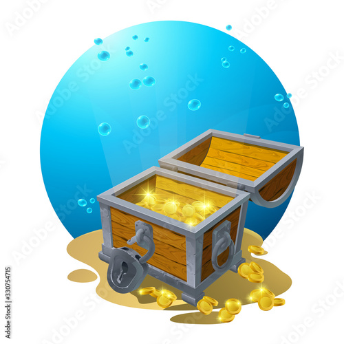 Chest of gold in the sand under the blue clouds - illustration for design, banners, flyers, textures, backgrounds, postcards