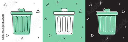 Set Trash can icon isolated on white and green, black background. Garbage bin sign. Recycle basket icon. Office trash icon. Vector Illustration