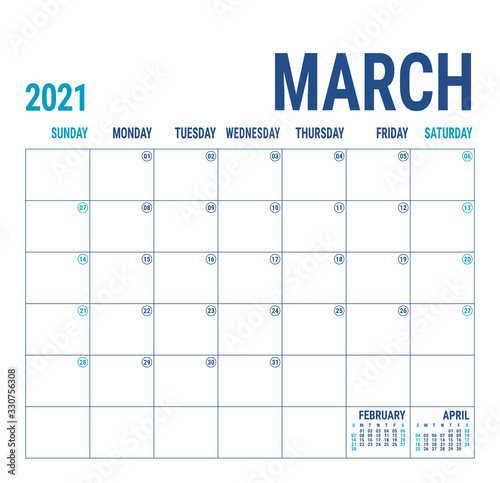 Calendar 2021. March. English calender template. Vector square grid. Office business planning. Creative design. Blue color