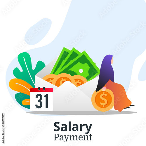 Salary payment. wages in envelope. happy muslim women with hijab get her salary. payout date. transfer money. flat gradient business illustration with people character. isolated in white background