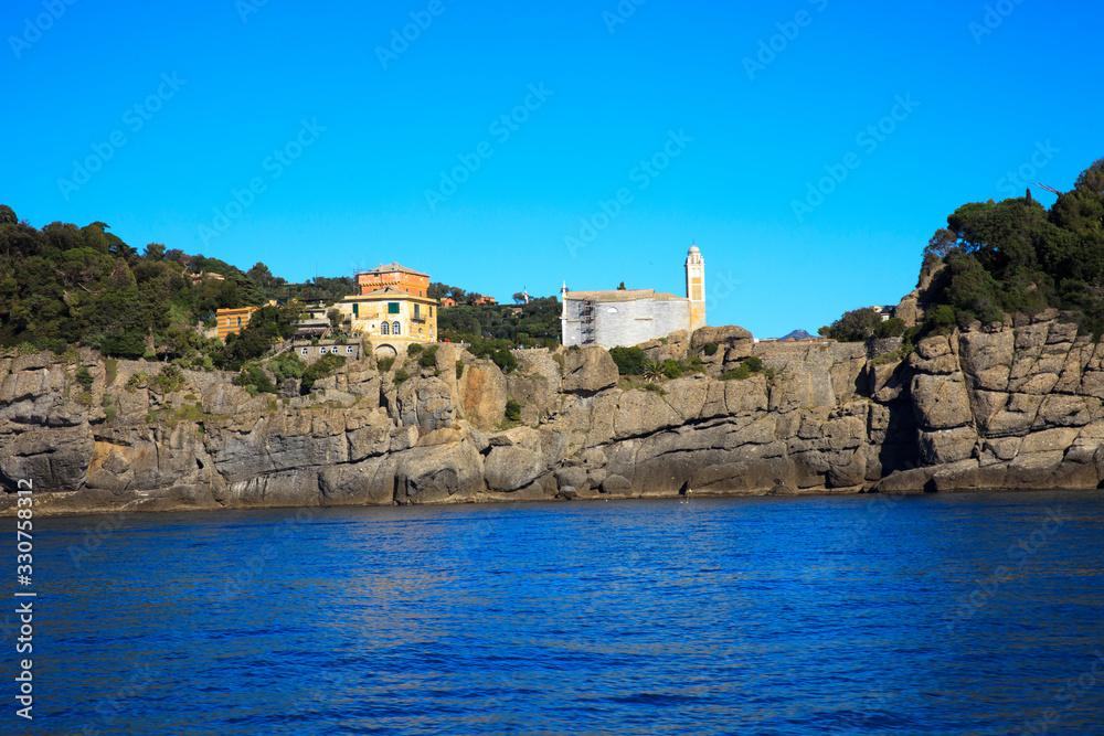 San Fruttuoso (GE), Italy - June 01, 2017: Coastline near San Fruttuoso, Genova, Liguria, Italy