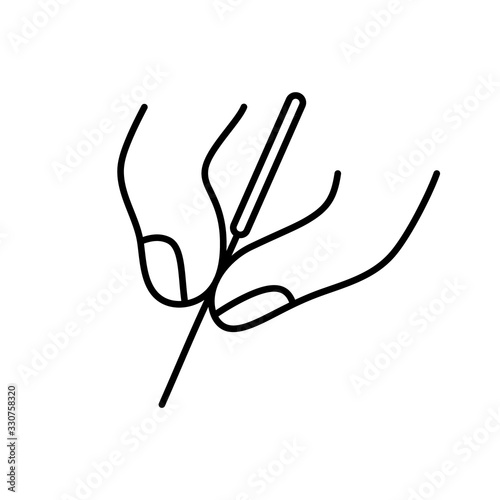 Acupuncture logo. Linear icon of two fingers hold needle. Black simple illustration of alternative medicine and reflexology. Contour isolated vector image on white background