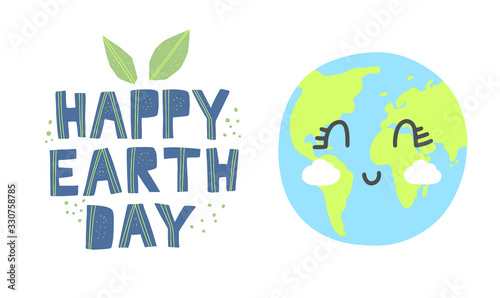 Happy earth day banner. Cartoon cute earth with happy expression. Happy earth day hand drawn lettering in modern paper cut style. Earth day kids concept.