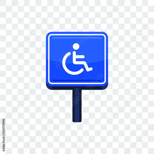 Wheelchair, handicapped parking access sign flat blue vector icon for apps and print illustration isolated on transparent background