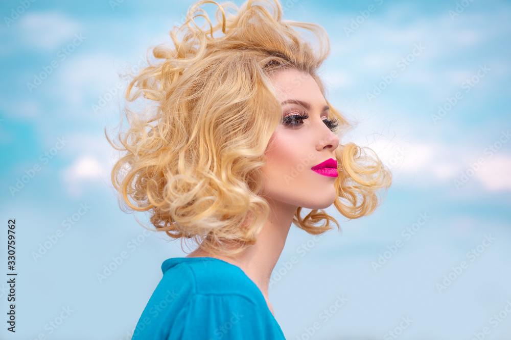 Beauty Salon. Blond woman with curly beautiful hair. Beauty Model girl with Healthy Hair. Beauty Salon. Blond woman with curly beautiful hair. Beauty Model girl with Healthy Hair.