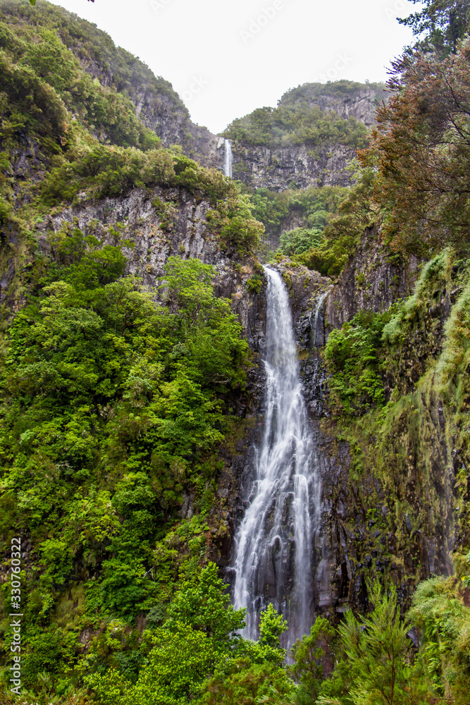 Risco waterfall on madeira island, portugal, in the middle of the tropical forest