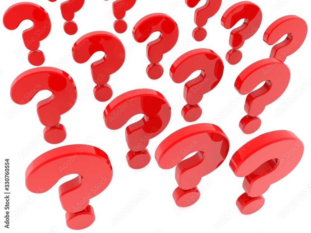 Red question marks on a white background from above Red question marks on a white background from above