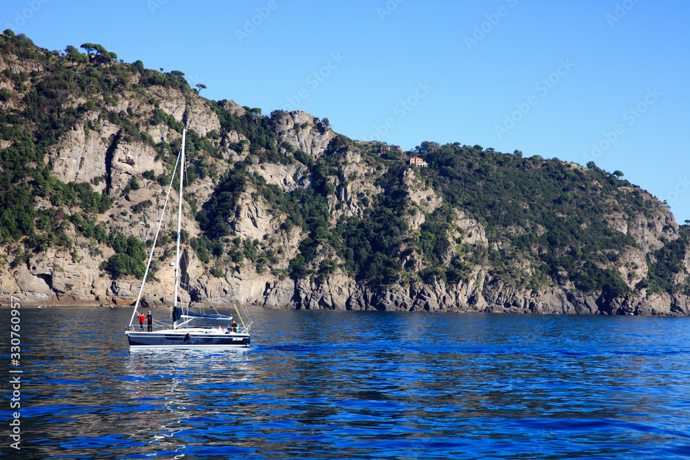 Obraz premium San Fruttuoso (GE), Italy - June 01, 2017: Coastline near San Fruttuoso, Genova, Liguria, Italy
