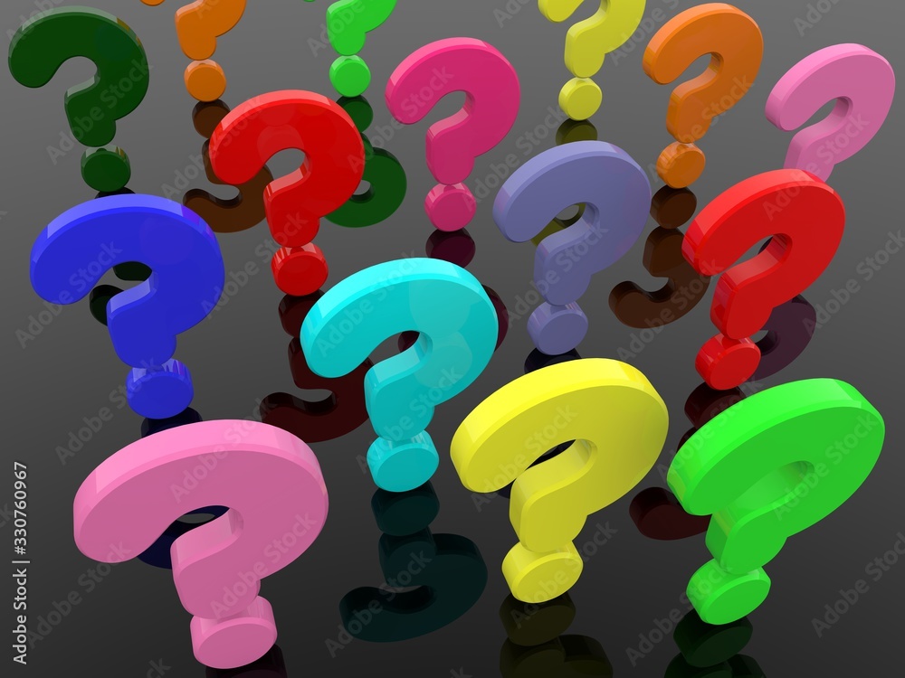 Colored question marks on a black background from above Colored question marks on a black background from above