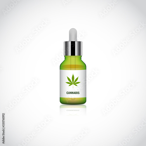 Marijuana or Cannabis oil with dropper glass bottle for medical. Serum package mockup. Ready to apply to your design. Vector illustration.