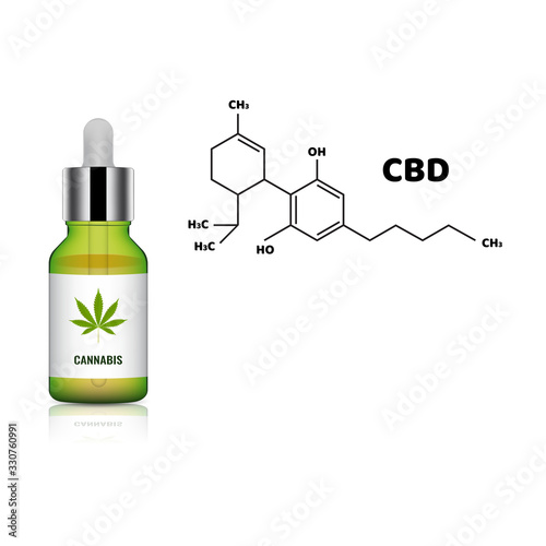Marijuana or Cannabis with formula molecules CBD. For medical. Serum package mockup. Ready to apply to your design. Vector illustration.