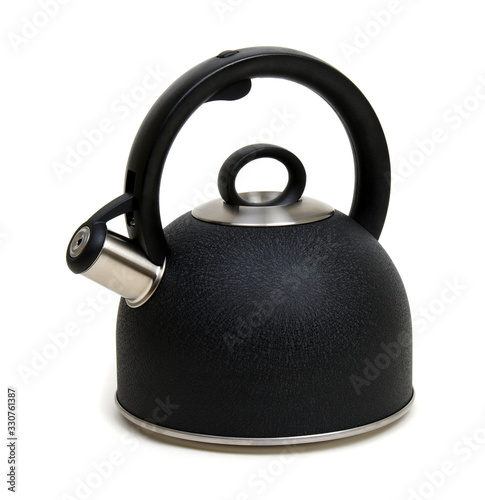 Black metal kettle isolated on white