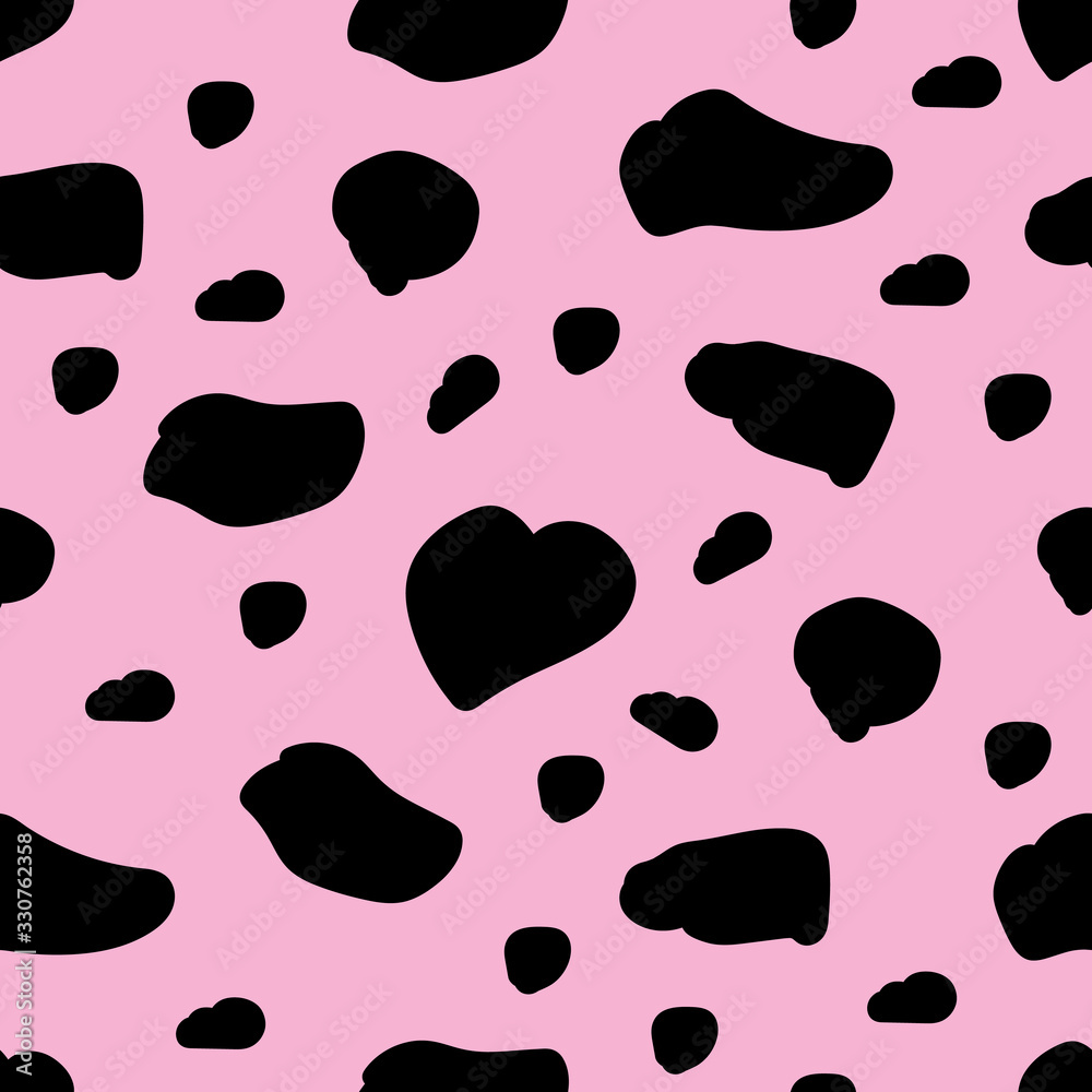 Fototapeta premium Cow skin texture, spot repeated seamless pattern Vector. Animal print dalmatian dog stains.