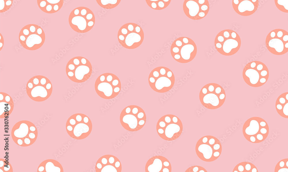 Animal footprint seamless pattern on pink pastel color. Dog and cat Paw pattern in cute cartoon style. Background, Wallpaper, and tile Vector illustration modern design.