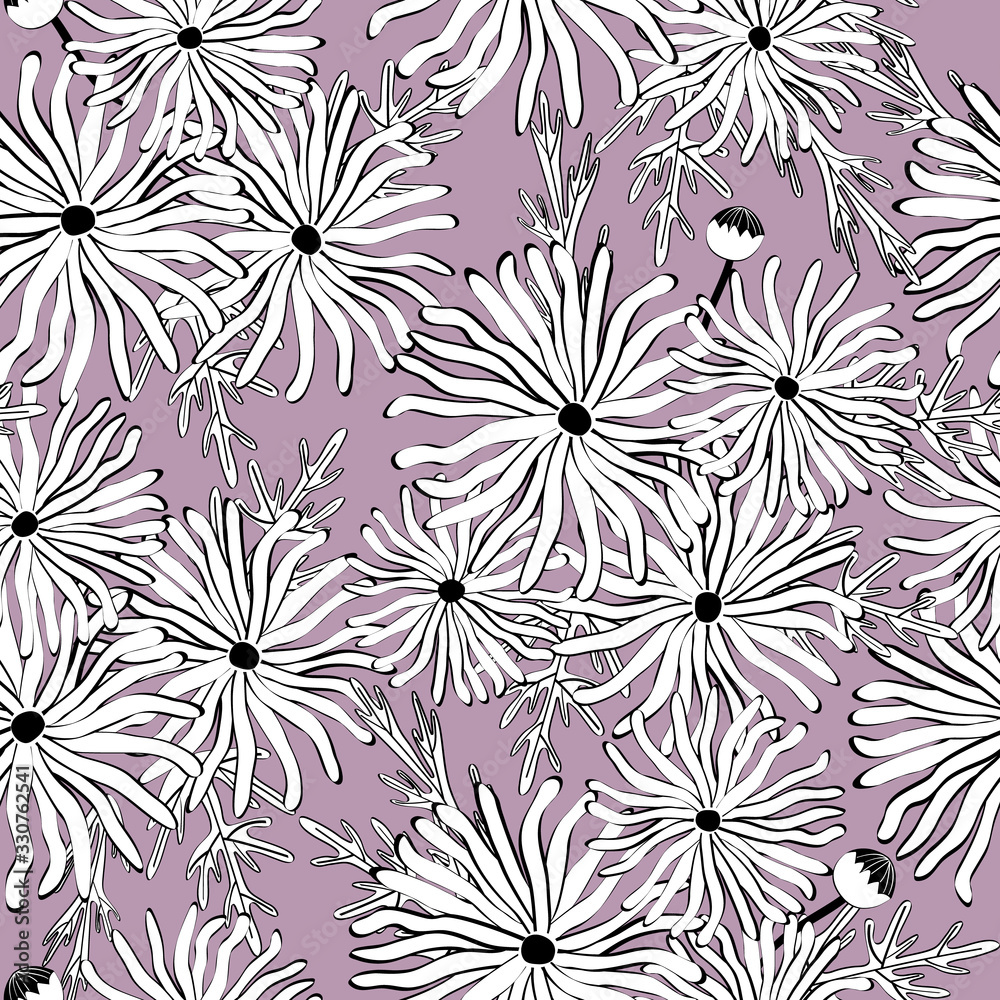 Vector Flowers Daisies in Black and White on Purple Background Seamless Repeat Pattern. Background for textiles, cards, manufacturing, wallpapers, print, gift wrap and scrapbooking. Vector Flowers Daisies in Black and White on Purple Background Seamless Repeat Pattern. Background for textiles, cards, manufacturing, wallpapers, print, gift wrap and scrapbooking.