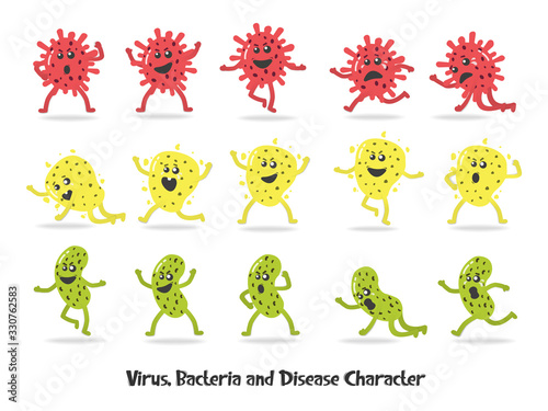 Set of cartoon character virus, bacteria and disease in flat vector illustration isolated on white background. Disease collection pack in many posture and emotions style.