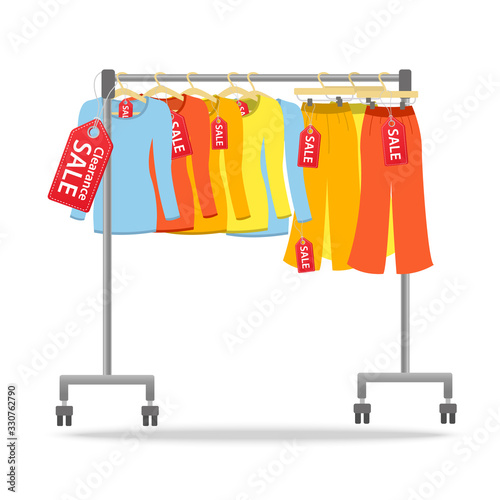 Women clothes discount and clearance sale. Vector illustraton isolated on white background. Trousers and long sleeve shirt collection on hanger rack and display in the shop. Red slae tags on clothes.