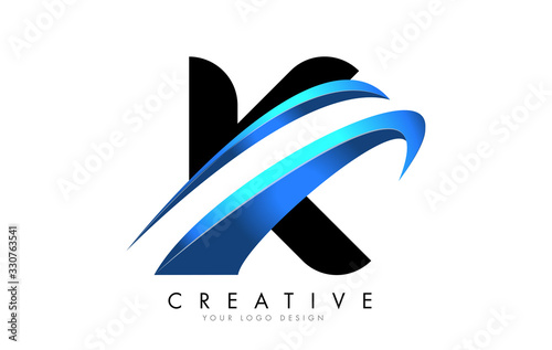 K Letter logo with blue gradient swash design.