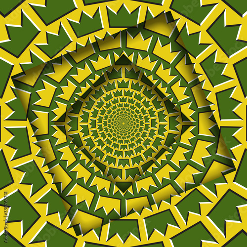 Abstract turned frames with a rotating green yellow crown shapes pattern. Optical illusion hypnotic background.