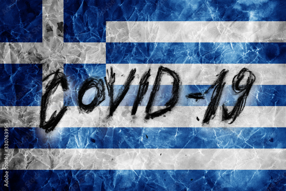 Fototapeta premium Grunge flag of Greece with hand drawn Coronavirus name on it. 2019 - 2020 Novel Coronavirus (2019-nCoV) concept, for an outbreak occurs in Greece.
