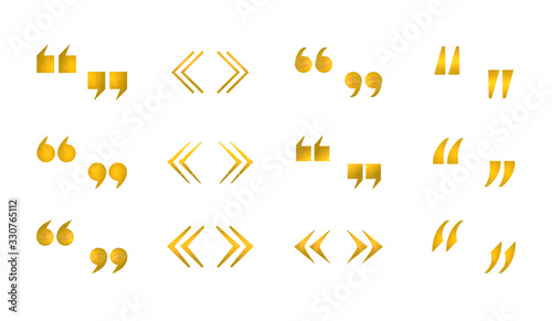 Vector collection of quote signs isolated on white background, shiny golden textured icons.