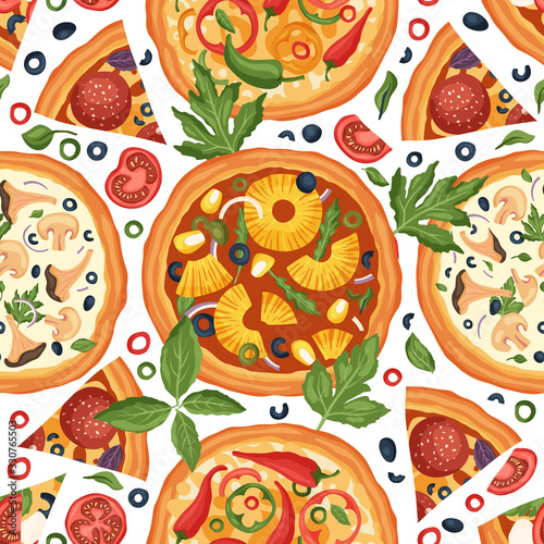 Italian cheese pineapple chili cayenne pepper and mushroom pizza vector illustration. Delicious tasty snack seamless pattern. Flat design. Pizza meal food ingredient - pineapple, olive, greens.