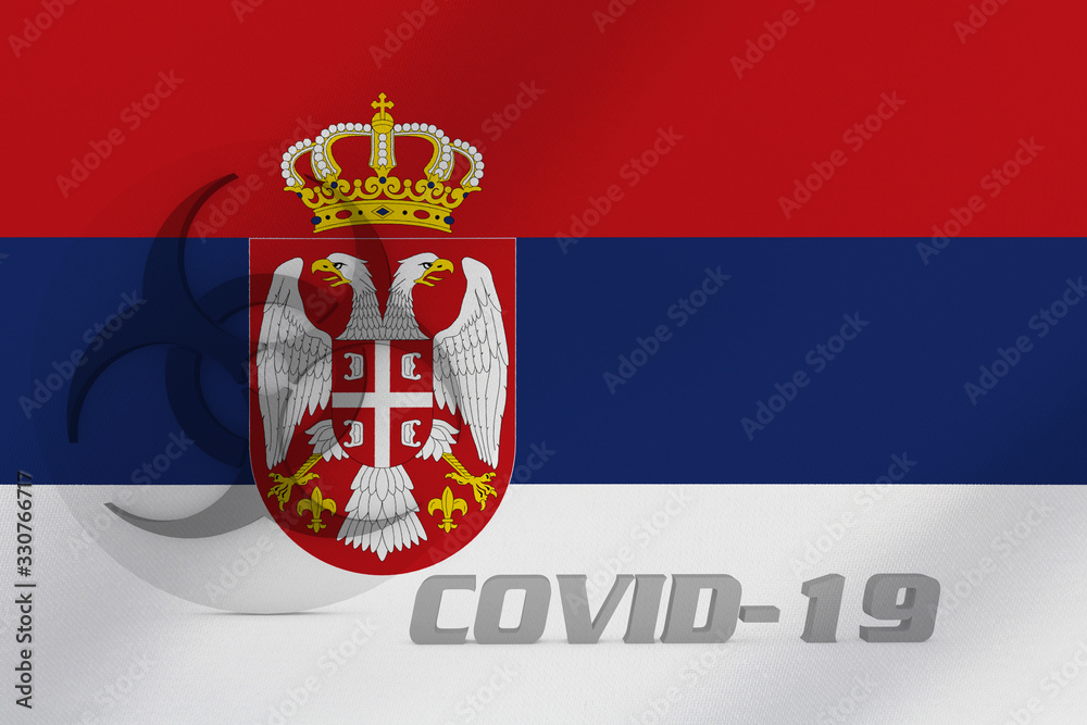 Obraz premium 3D ILLUSTRATION VIRUS, BIOHAZARD SYMBOL CORONAVIRUS WITH Serbia FLAG, Flu coronavirus floating, micro view, pandemic virus infection, asian flu.