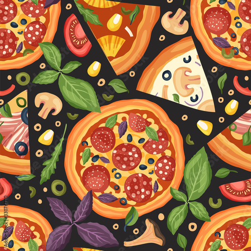 Italian cheese pizza vector illustration. Delicious tasty snack with salami, mushrooms and bacon. Seamless pattern with meat and greens. Flat design.