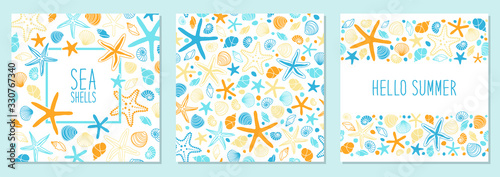 Cute set of marine background with hand drawn shells and starfishes