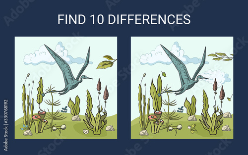 Find 10 differences. Educational funny game for children. Puzzle for children, kid. Print and play. Cartoon dinosaur animal vector illustration.