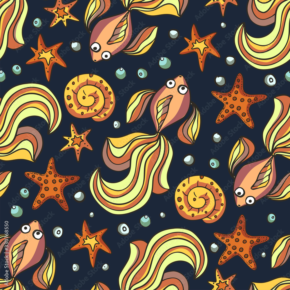Golden fish, starfish and shell sea vector background. Seamless pattern with hand drawn cute colorful graphic illustrations. Underwater cartoon summer wallpaper.