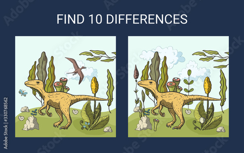 Find 10 differences. Educational funny game for children. Dino puzzle for children, kid. Print and play. Cartoon dinosaur vector illustration.