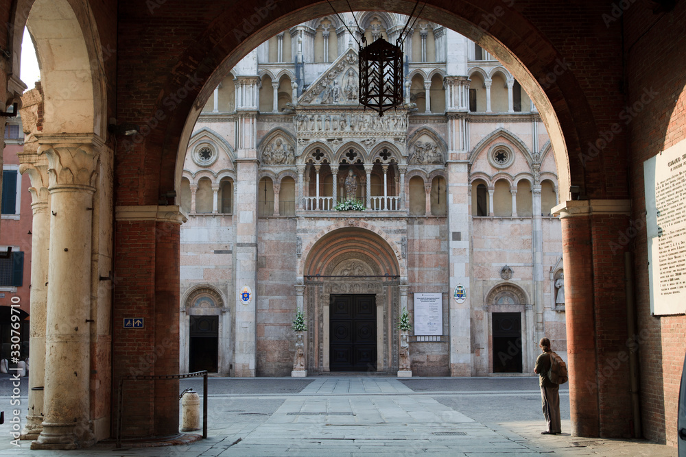 Ferrara (FE), Italy - June 10, 2017: Facade of San Giorgio's cathedral, Ferrara, Emilia Romagna, Italy