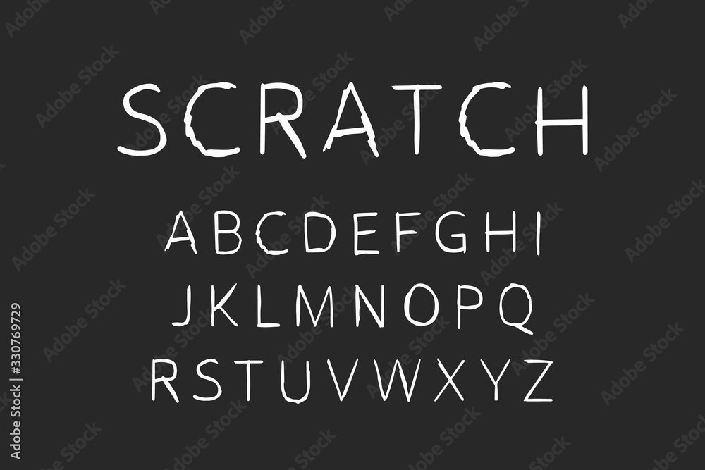 Scratch hand drawn vector type font in cartoon comic style black white