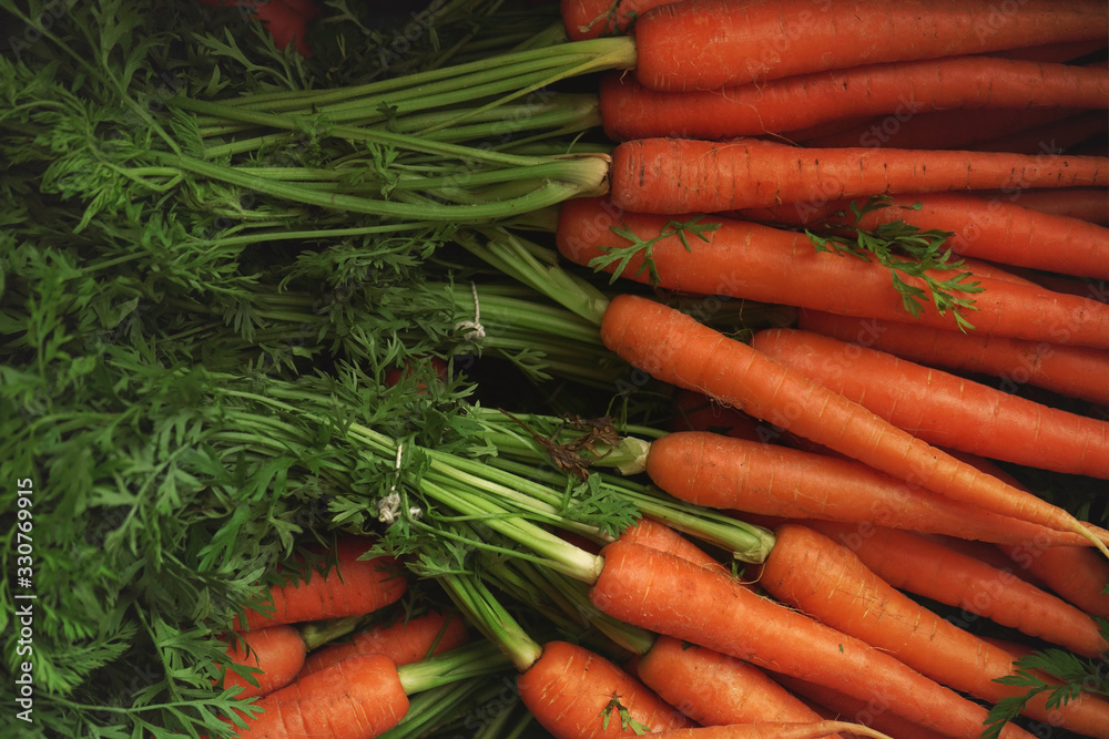 Heap of orange carrot roots with green leaves displayed at food market, closeup detail Heap of orange carrot roots with green leaves displayed at food market, closeup detail