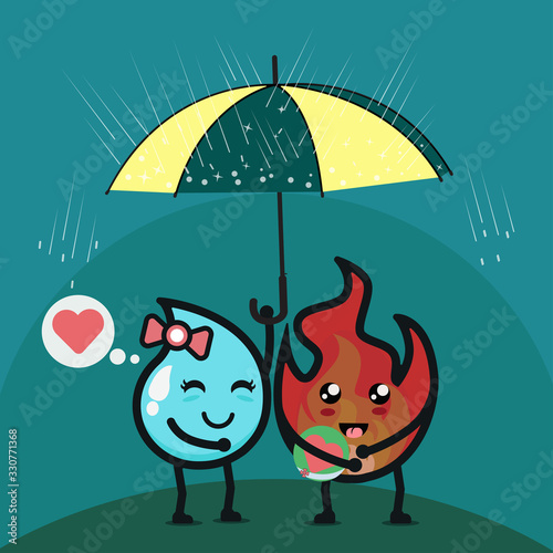 Water loves fire cartoon vector illustration. Romantic relationship about water and fire cartoon design