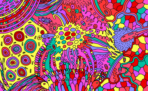Organic psychedelic colorful pattern. Multicolor stoner illustration. Waterdrops and plants elements. Zendoodle art for relaxation. Vector artwork photo