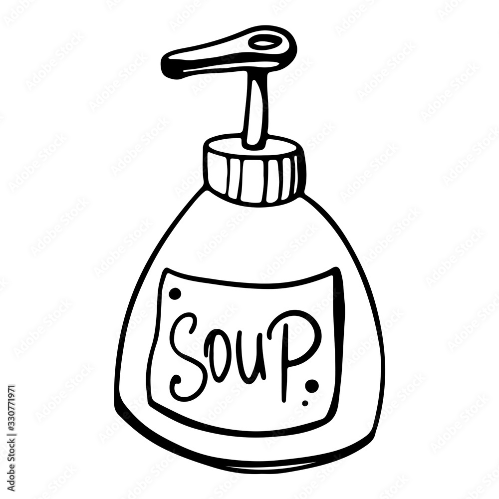 Liquid soap in a bottle cute doodle outline digital art. Print for banners, posters, web, stickers, posts, paper, cards. Liquid soap in a bottle cute doodle outline digital art. Print for banners, posters, web, stickers, posts, paper, cards.